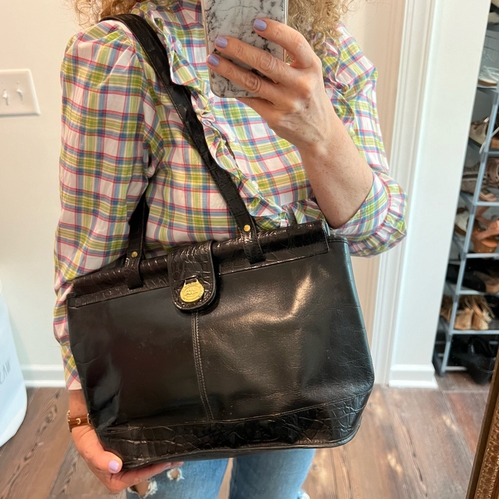 Brahmin Black Leather Shoulder Bag with Croc Trim